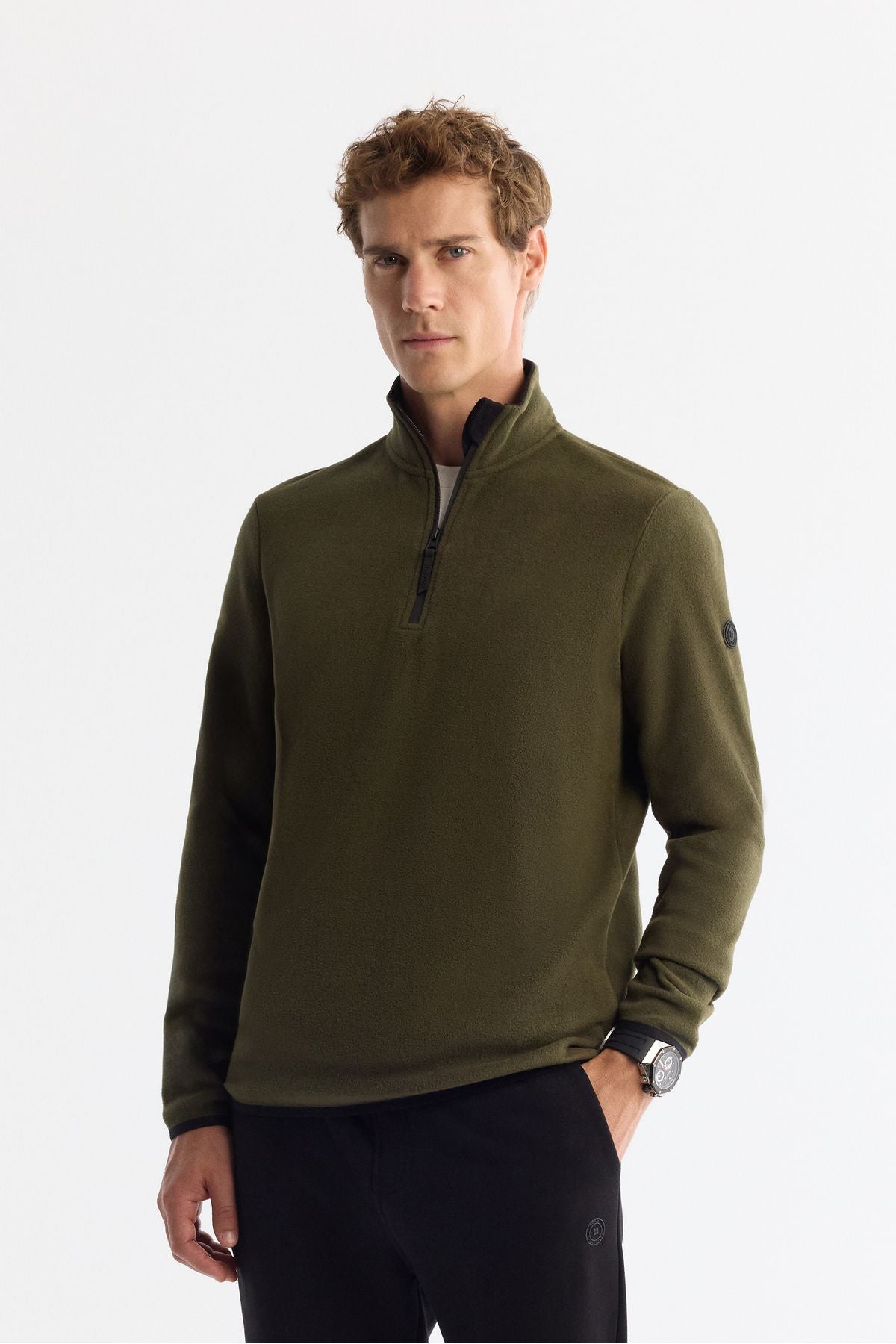 Men's green cold resistant half -zipper vertical polar sweatshirt E001068