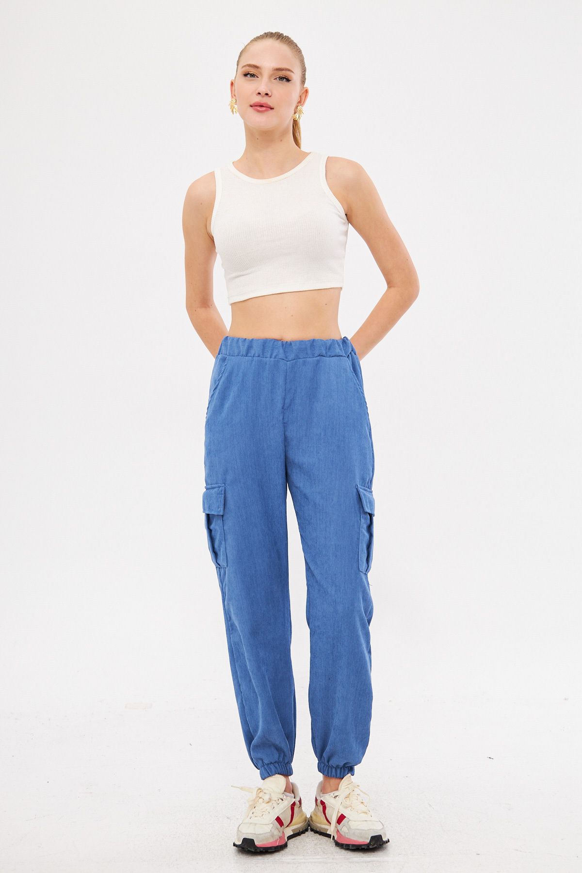Female Indigo Velvet Waist and Paçası Tire Fine Wick Cargo Pants Arm-25k001035