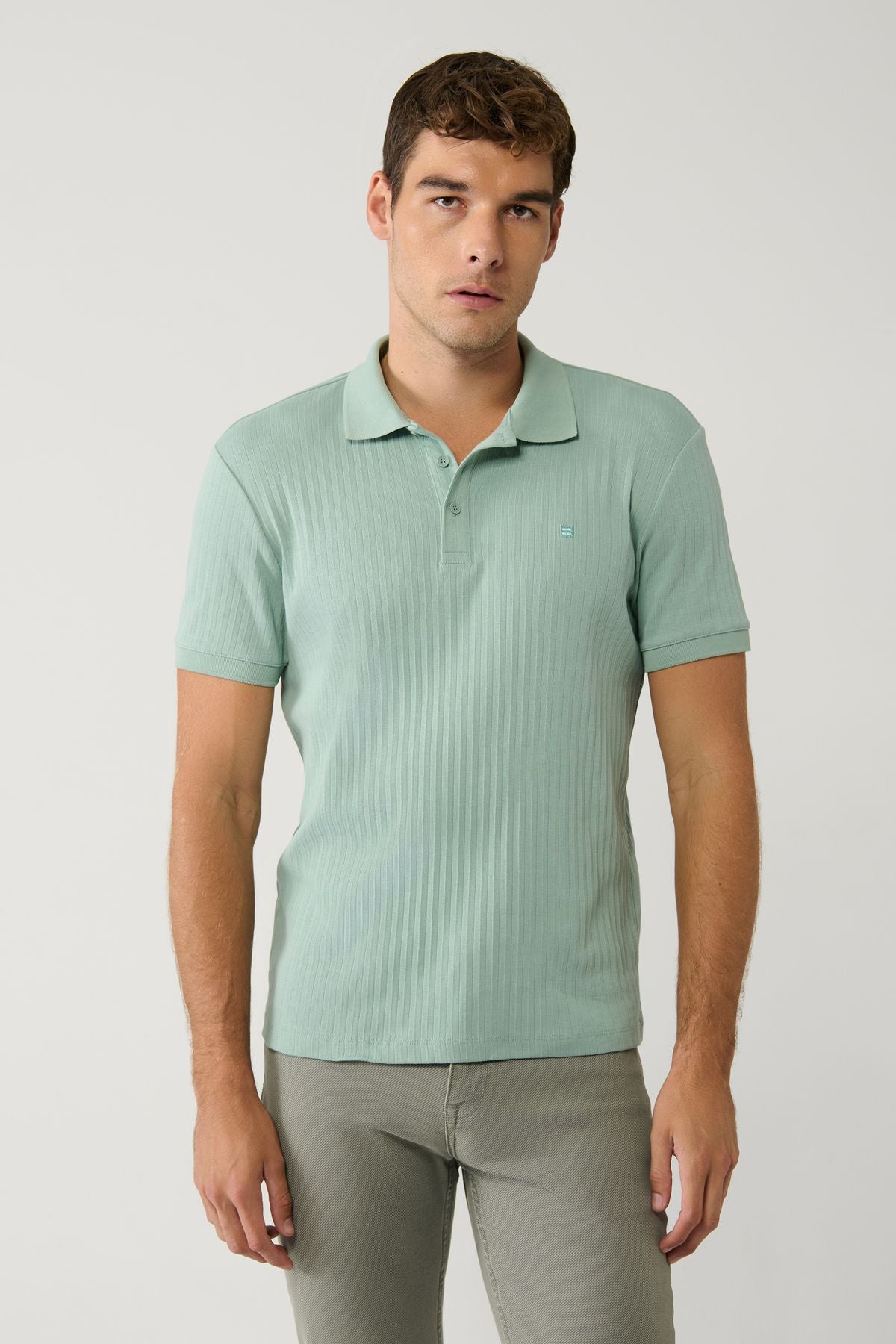 Men's Water Green 100 %Cotton 3 Buttoned Jacquard Polo Yaka T-shirt A41y1354