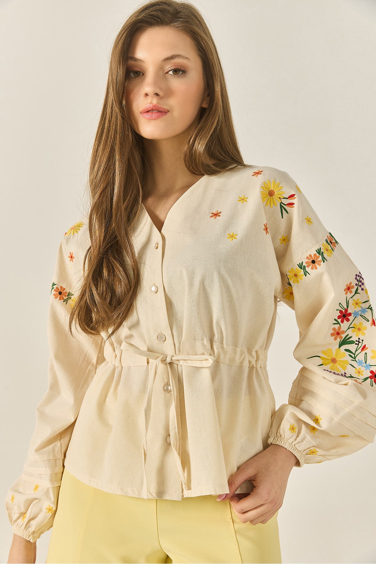 Women's V-Neck Embroidered Waist Tied Linen Shirt with Elastic Sleeves 2007 60283308