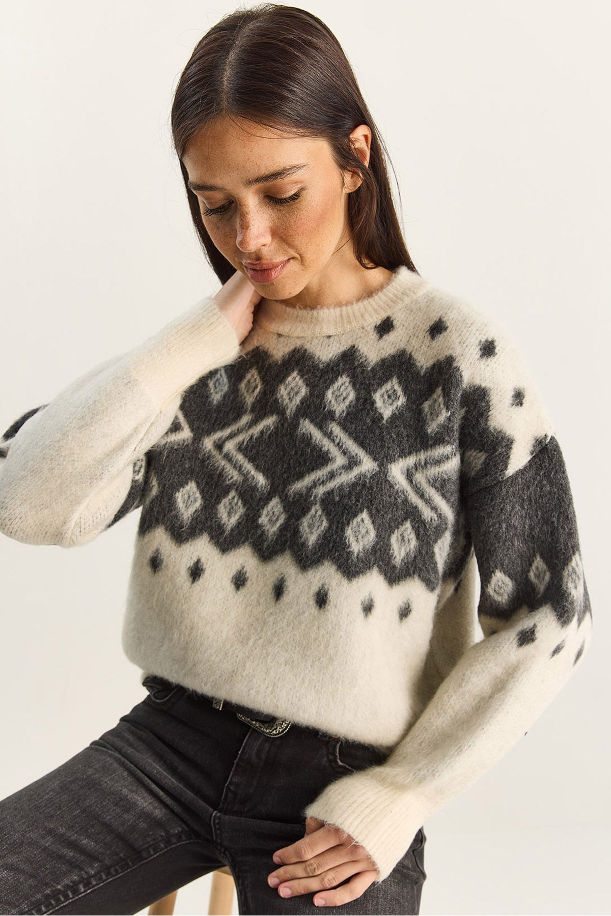 Women's Crew Neck Patterned Rose Gold Knitwear Sweater 20251117