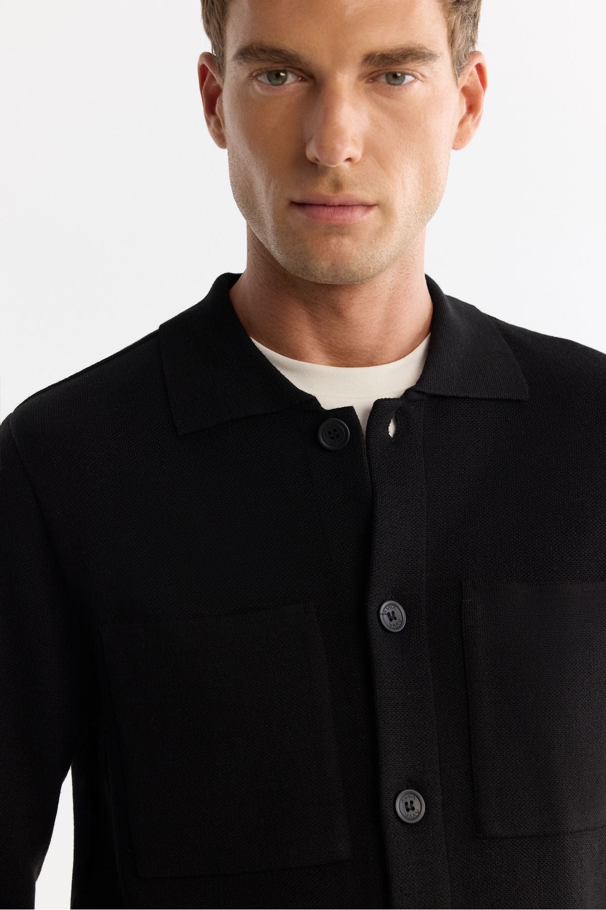 Men's black polo collar button woolen cardigan A42Y5048