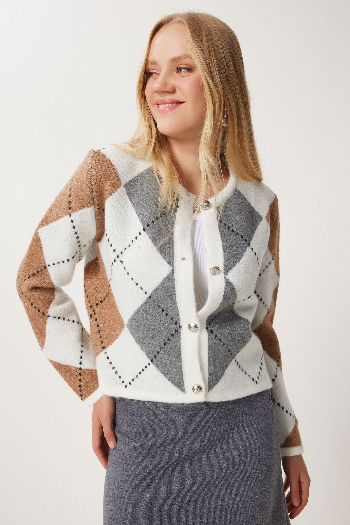 Female mink Ecru baklava patterned knitwear cardigan US00939