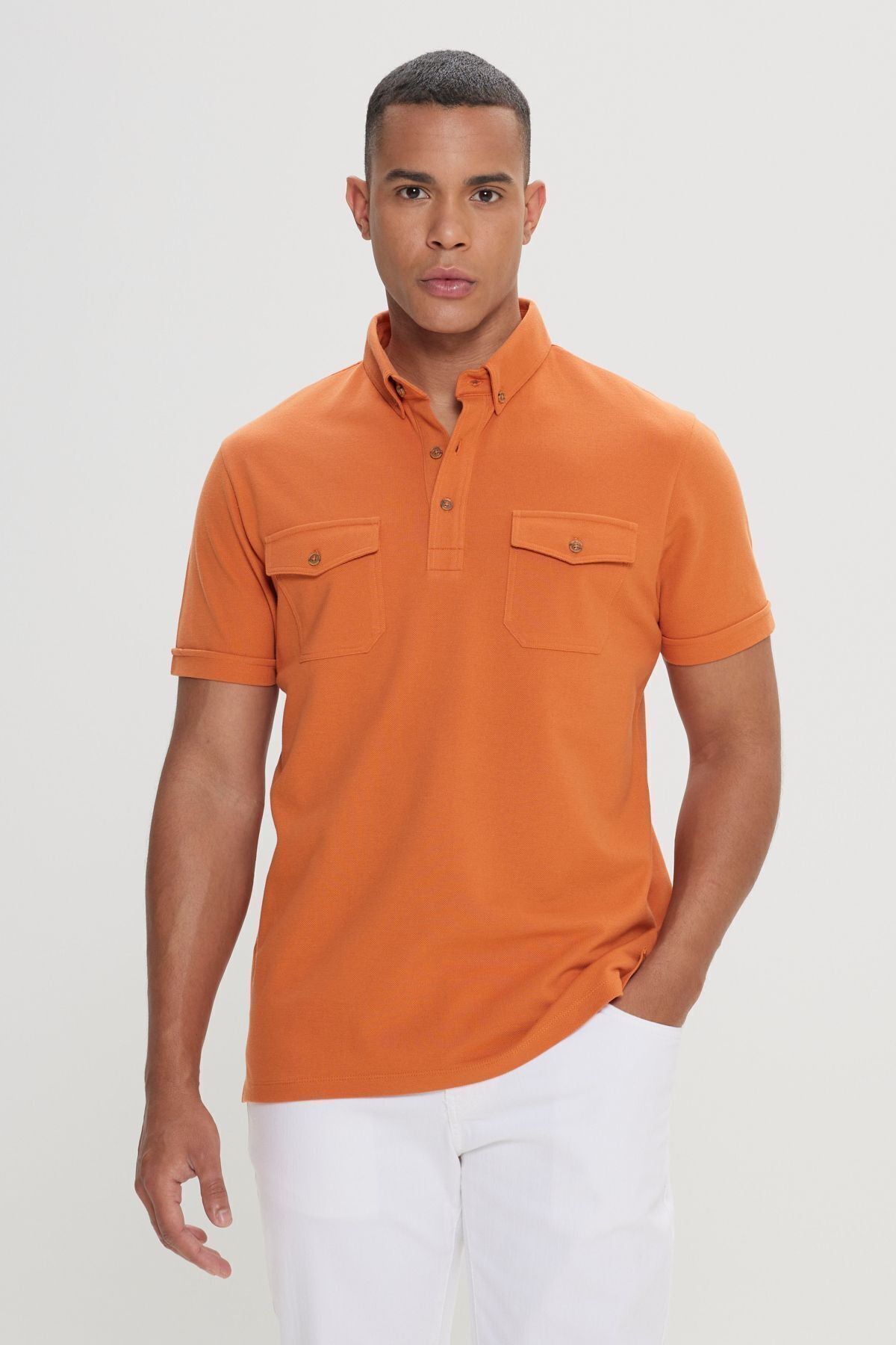 Men's Orange 100 %Cotton Slim Fit Narrow Cut Polo Yaka T -shirt