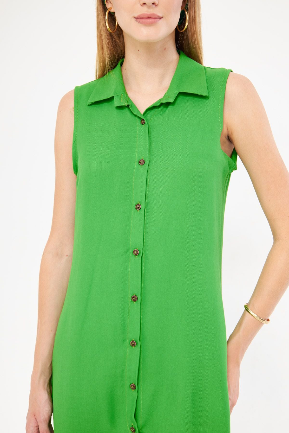 Female Green Collar buttoned dress ARM-17Y00028