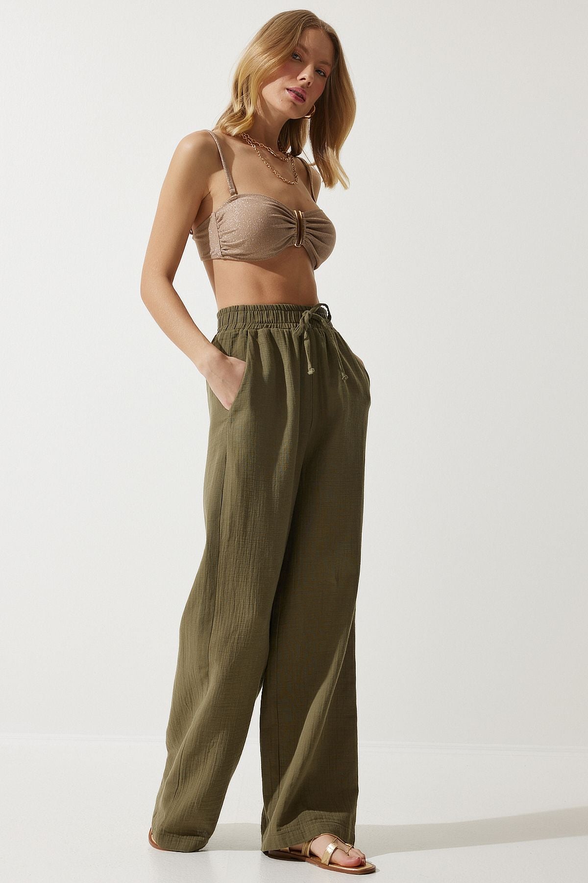 Woman Khaki Muslin Palazzo Pants MX00160