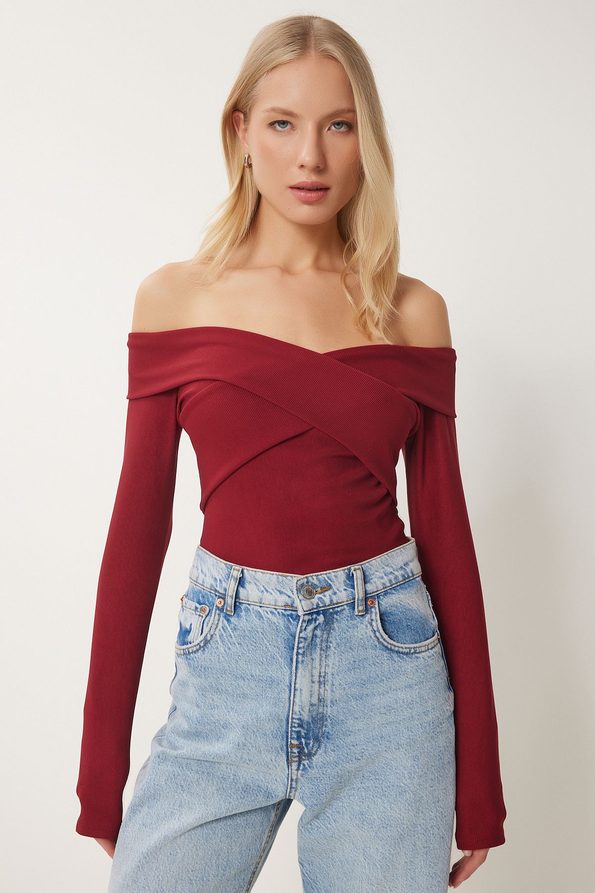 Female Bordeaux Crafts Neckline Open Knitting Blouse FF00169