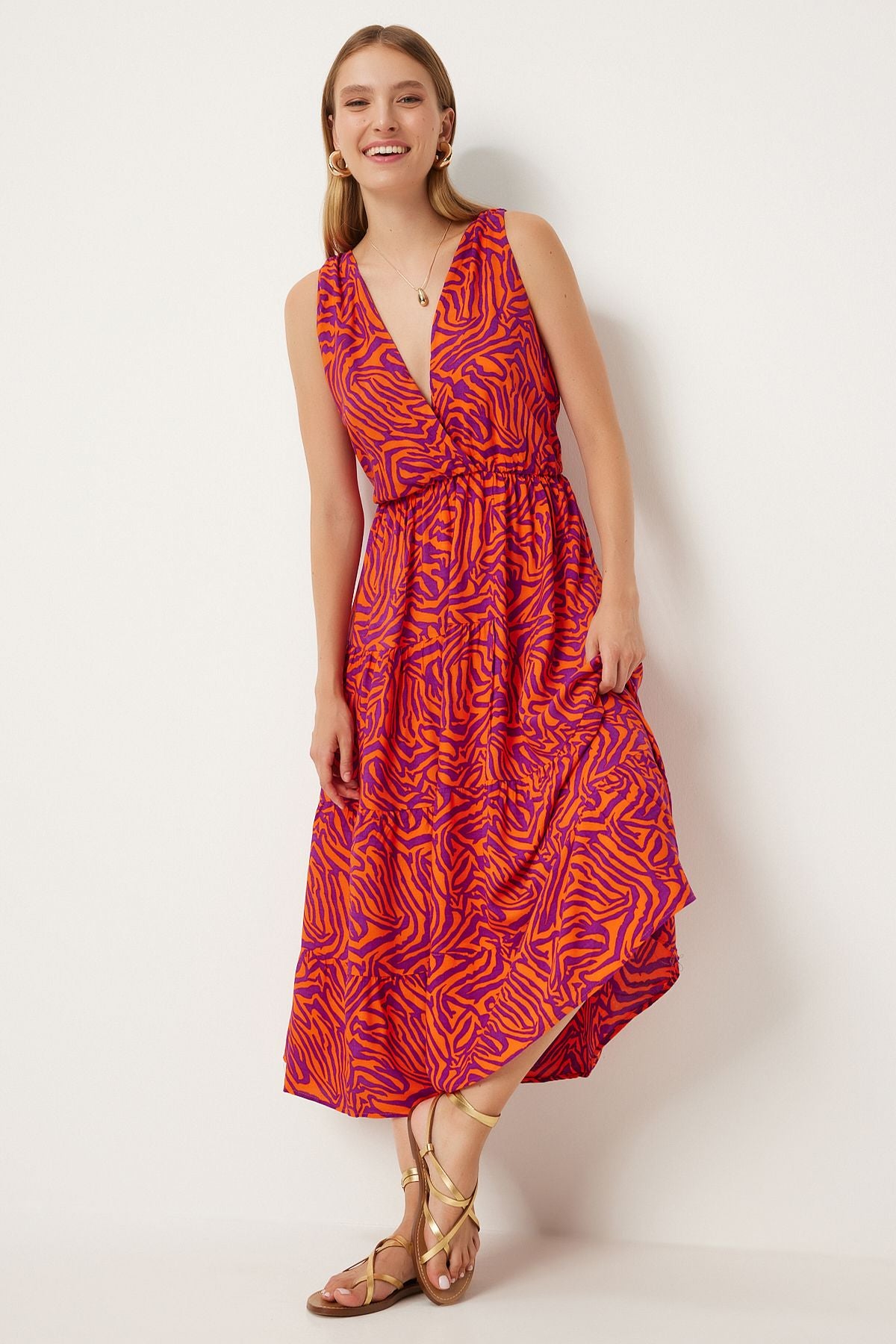 Female Oranj Purple Patterned V -Neck Summer Viscose Dress CI00110