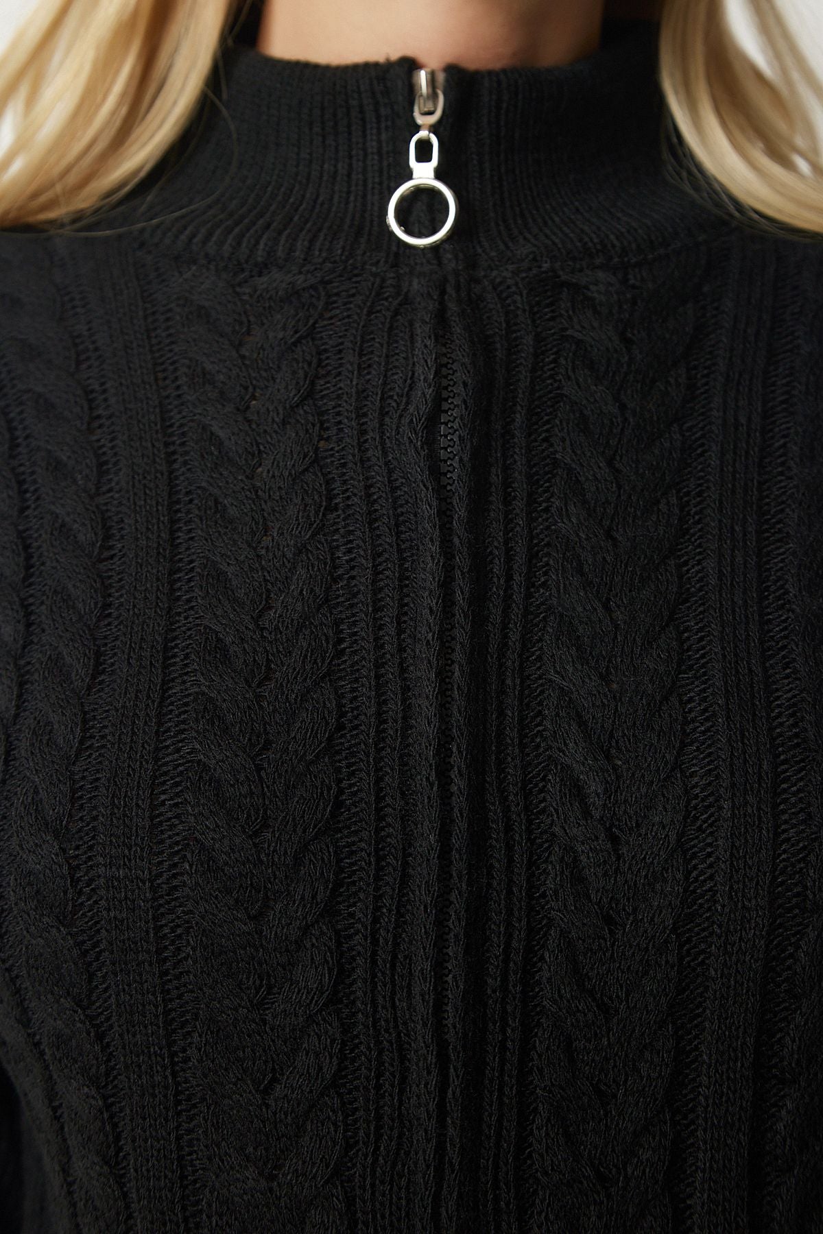 Women's black zipper knitting motif knitwear cardigan yy00174