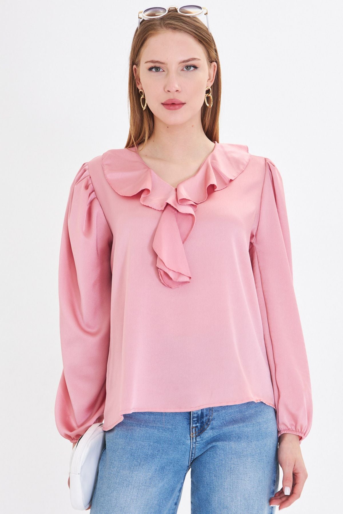 Woman Light Pink collar frilled shoulder shirred arm tire cotton satin blouse ARM-22K001059