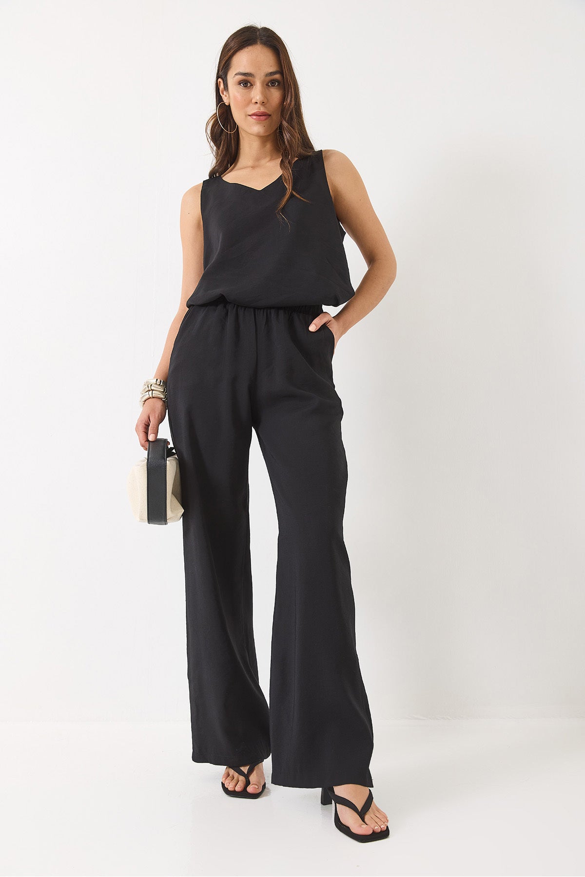 Women's V-Neck Strap Blouse Palazzo Trousers Bottom-Top Set 3142 60283115