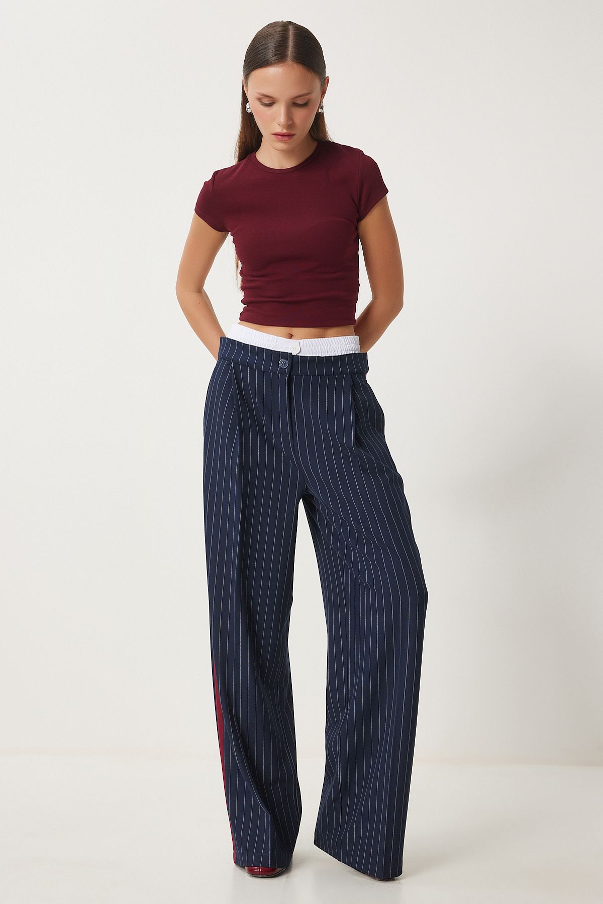 Woman Navy Blue Contrast Waist Detail Striped Weaving Pants HL00006