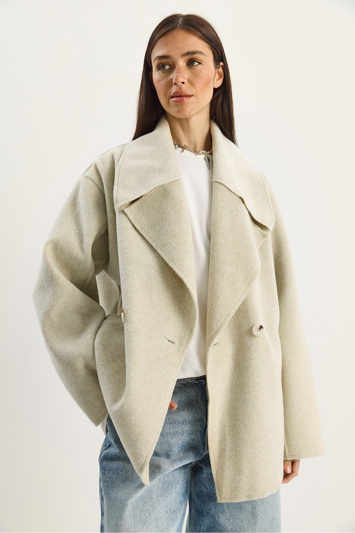 Women's Wide Collar Pocket Detailed Oversize Cashmere Coat 38183 60283785