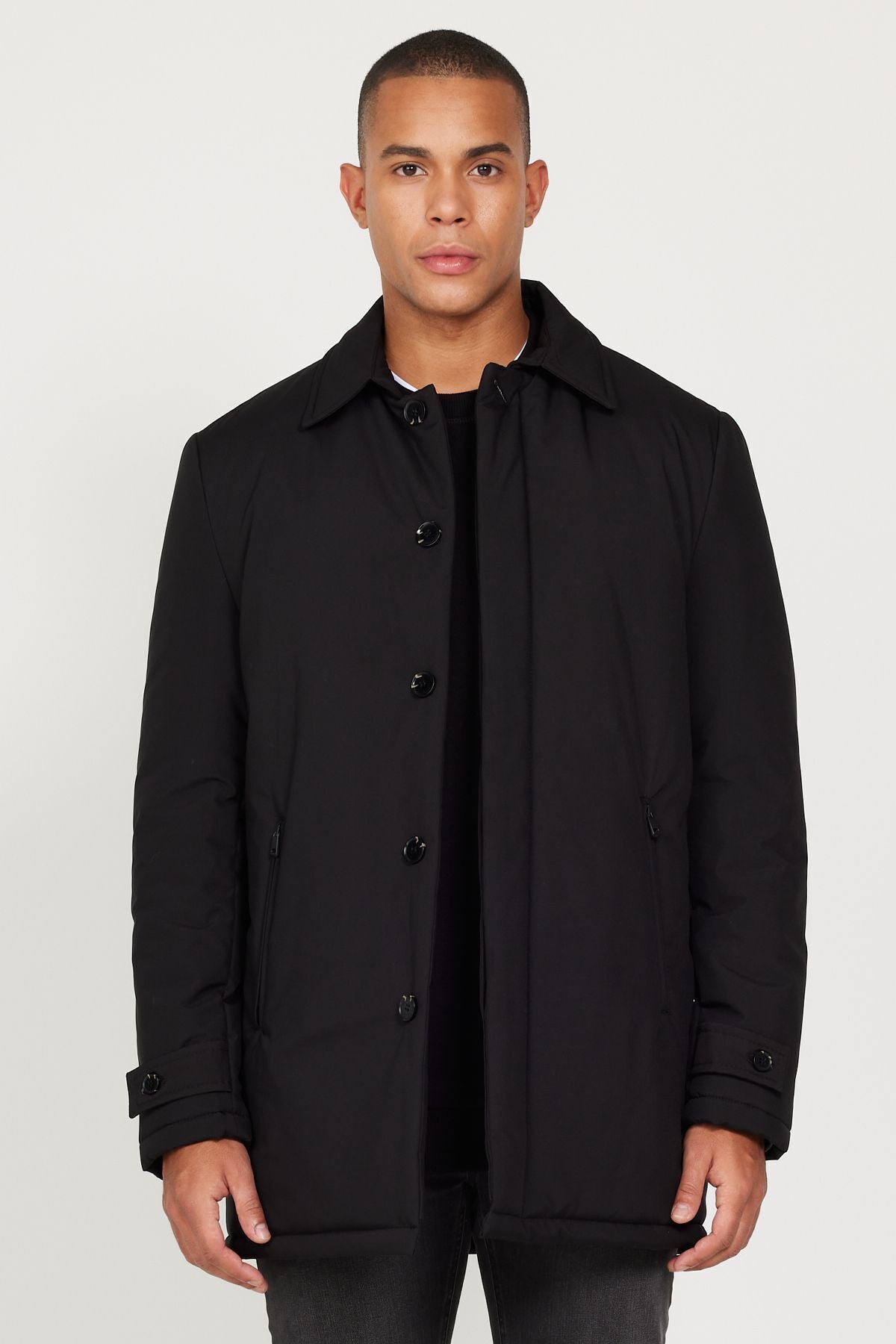 Men's black standard fit fit normal cut shirt collar coat