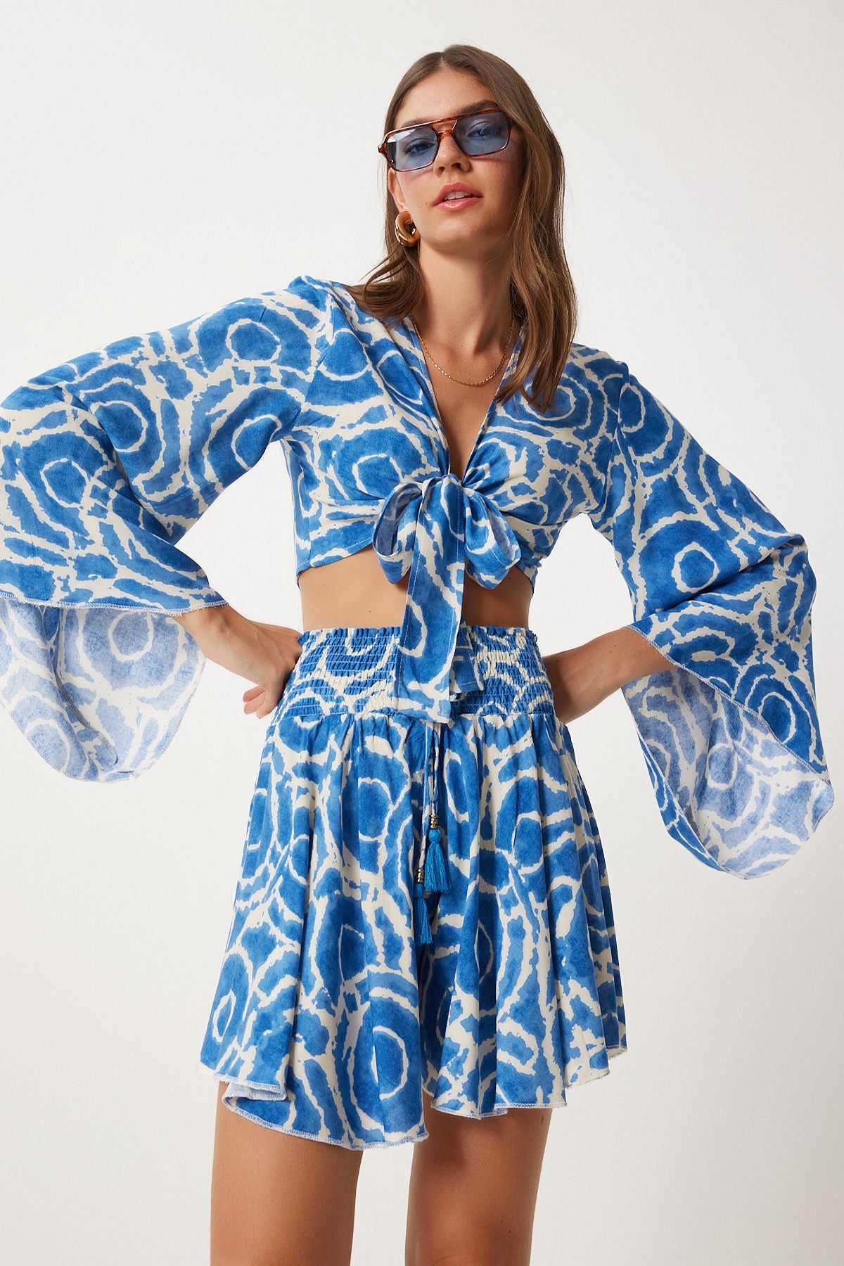 Women's Blue Cream Patterned Blouse Short Set DK00171
