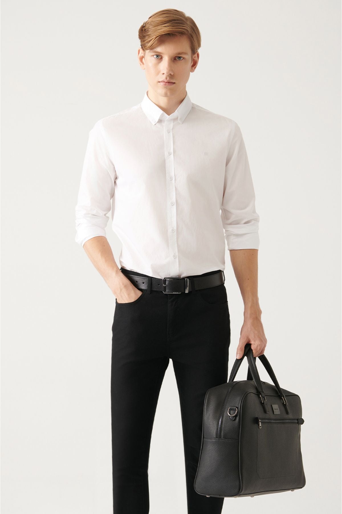 Men's white button collar basic 100 %cotton shirt B002030