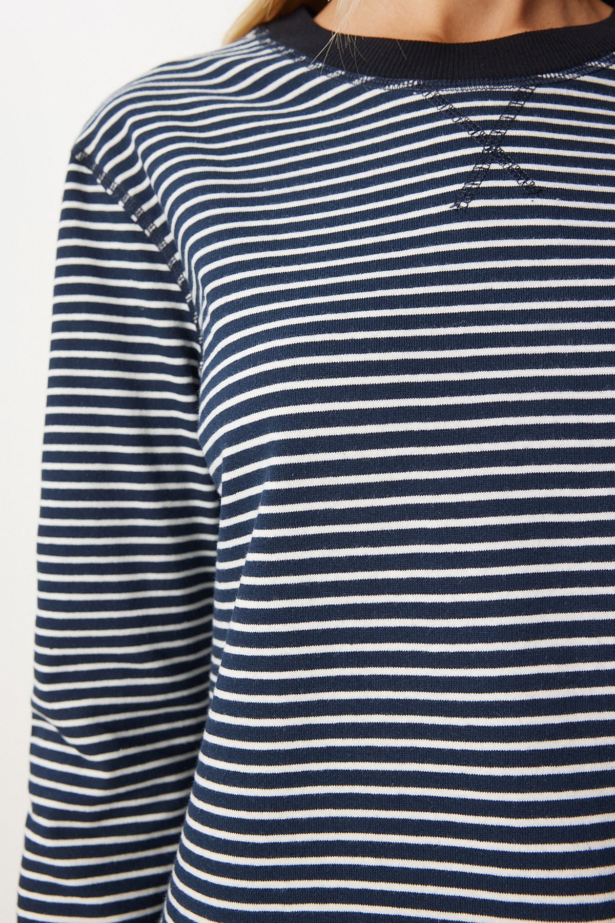 Woman Navy blue striped cotton basic knitted blouse NJ00156