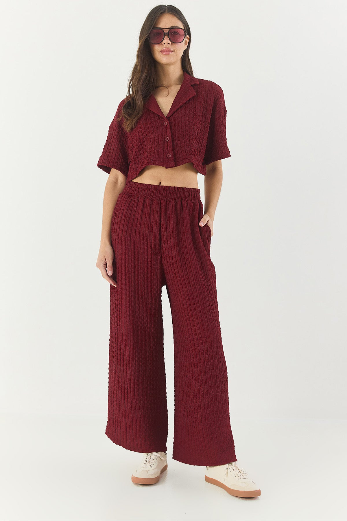 Women's Seersucker Crop Jacket Bottom-Top Set with Elastic Waist High Waist Trousers 9313 60281043
