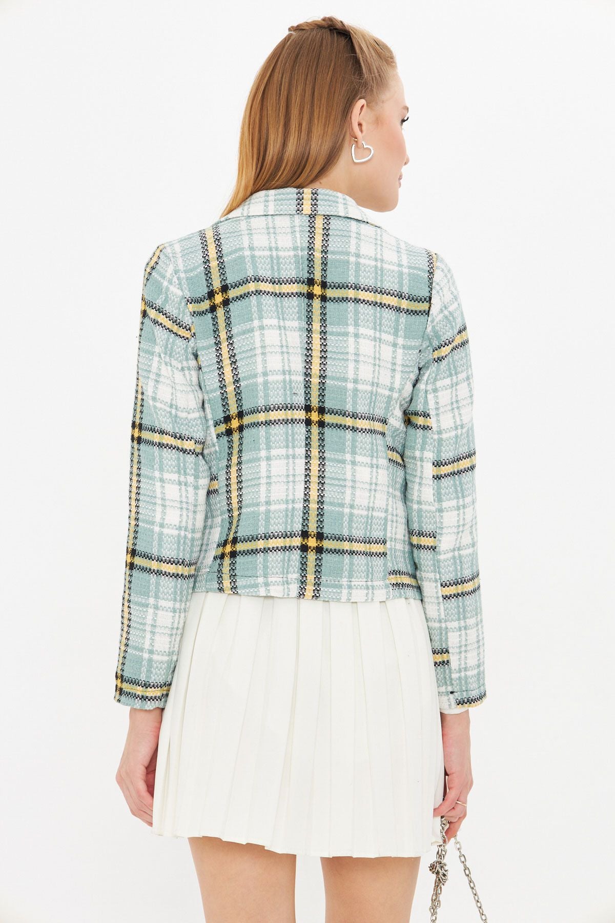 Female Green-Yally Cruve Collar Tüvit Crop Jacket ARM-24K001014