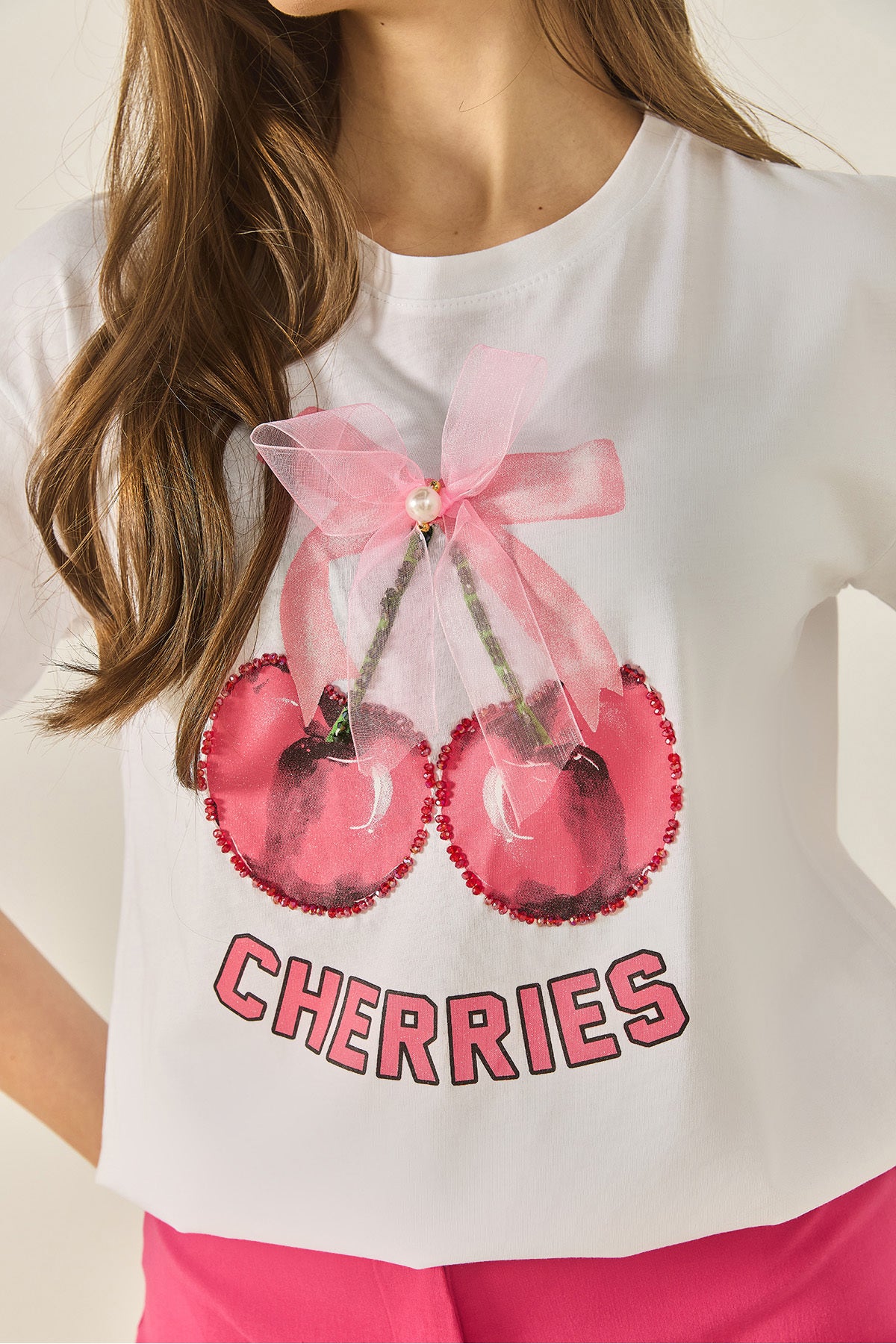 Women's Cherry Printed Stone Embroidered Ribbon Detailed Regular Fit T-Shirt 4143 60283297