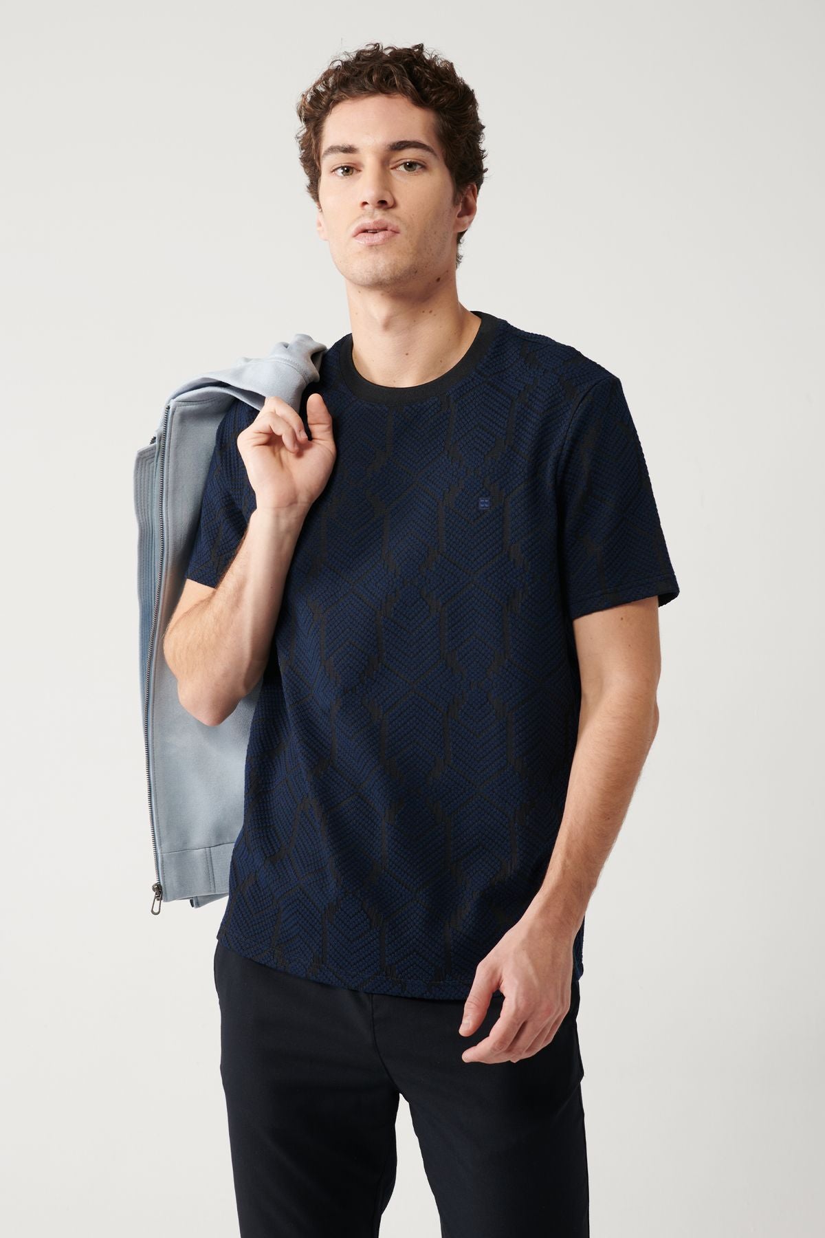 Men's navy blue bike collar jacquard t-shirt A32y1180