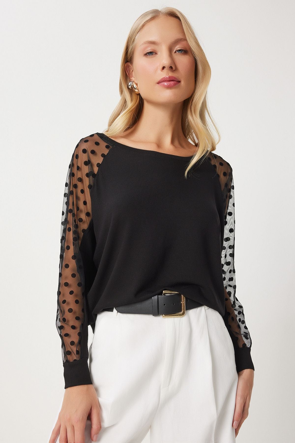 Female black polka dot tulle detailed viscose blouse EN00625