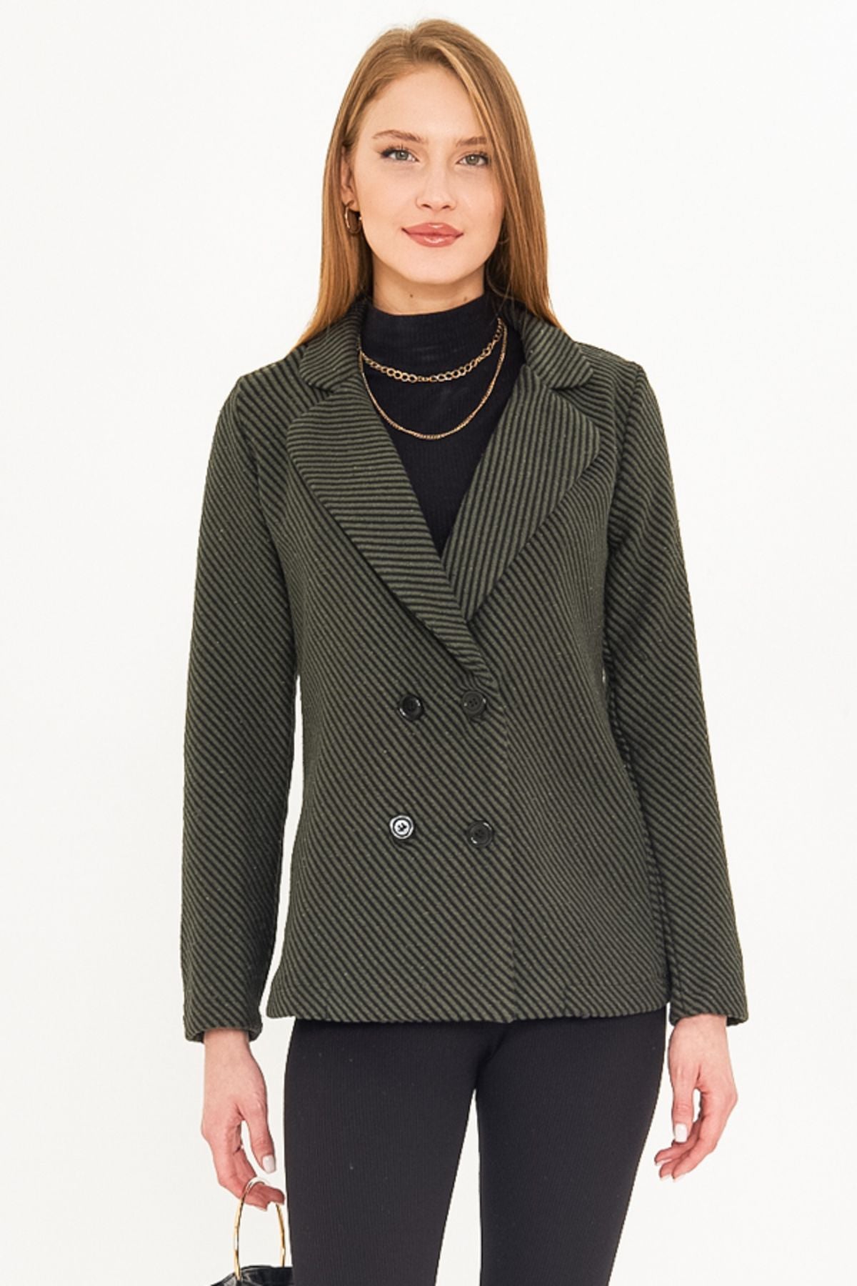 Four buttoned stamp jacket with female khaki line pattern ARM-24K001037