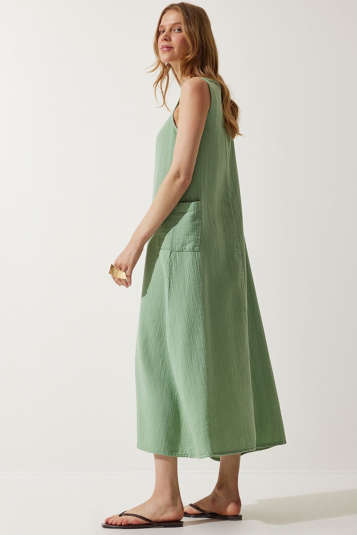 Women's Cagla Green Wide Pocket Summer House Muslin Dress Sa00022