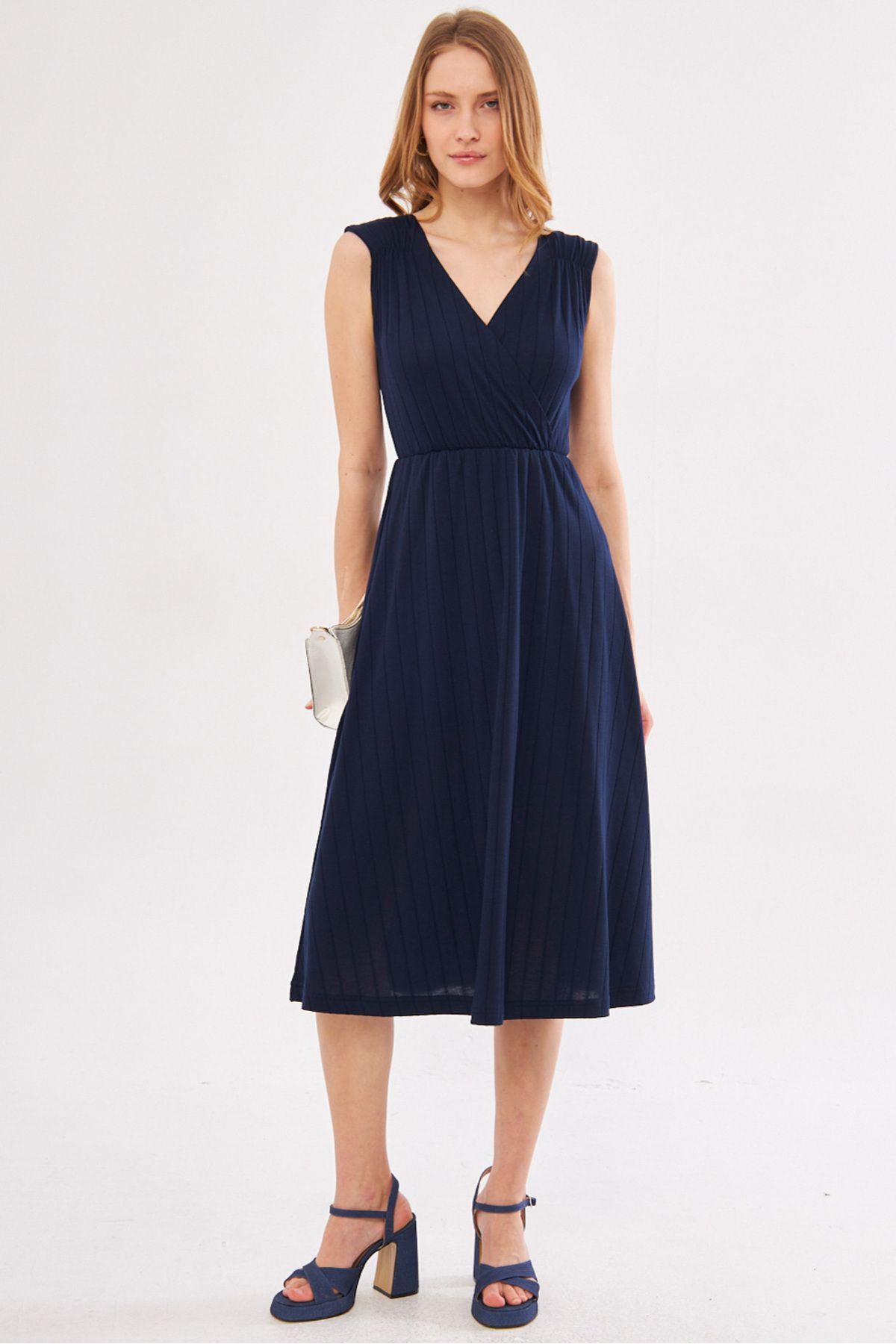 Woman Navy blue waist and shoulder tire skirt cruve collar midi size dress ARM-24Y001017