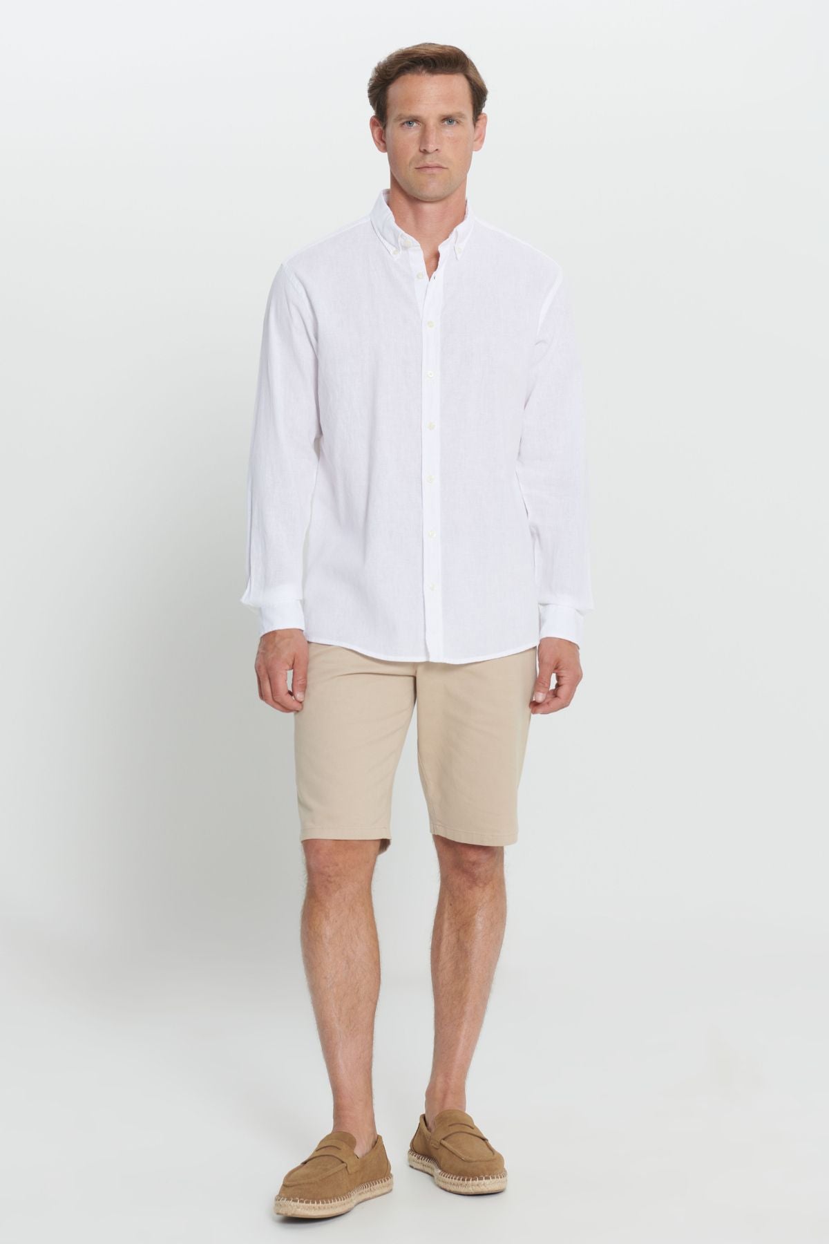 Men's White Linen Comfort Fit Casual Cutting buttoned collar shirt