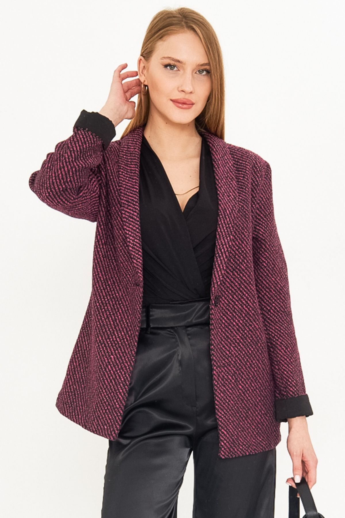 Women's Fuchsia striped arm folded single button stamp jacket ARM-25K001106