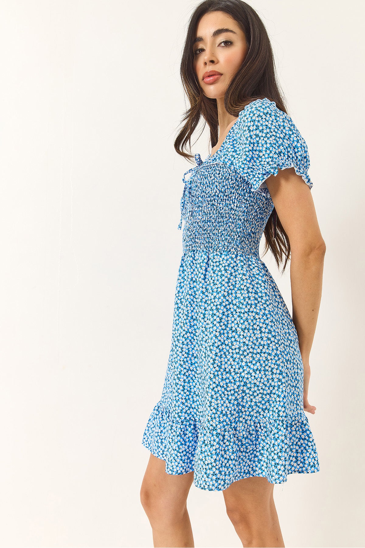 Women's Daisy Patterned Watermelon Sleeve Gimped Mini Viscose Dress 60283226