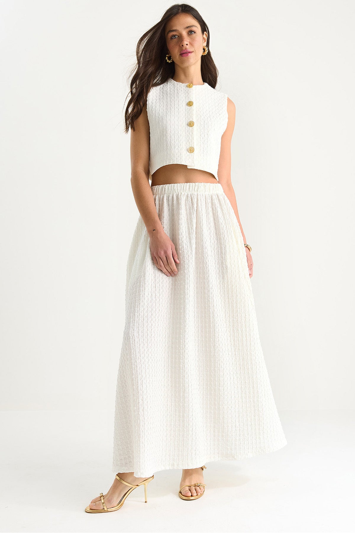 Women's Crop Vest, Elastic Waist, Pocket Detail, Long Skirt, Top and Bottom Seersucker Suit 4006 60283371