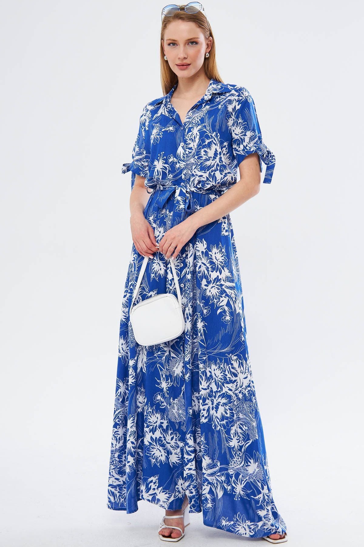 Female Blue Arm Tied waist belt shirt dress ARM-23Y001004