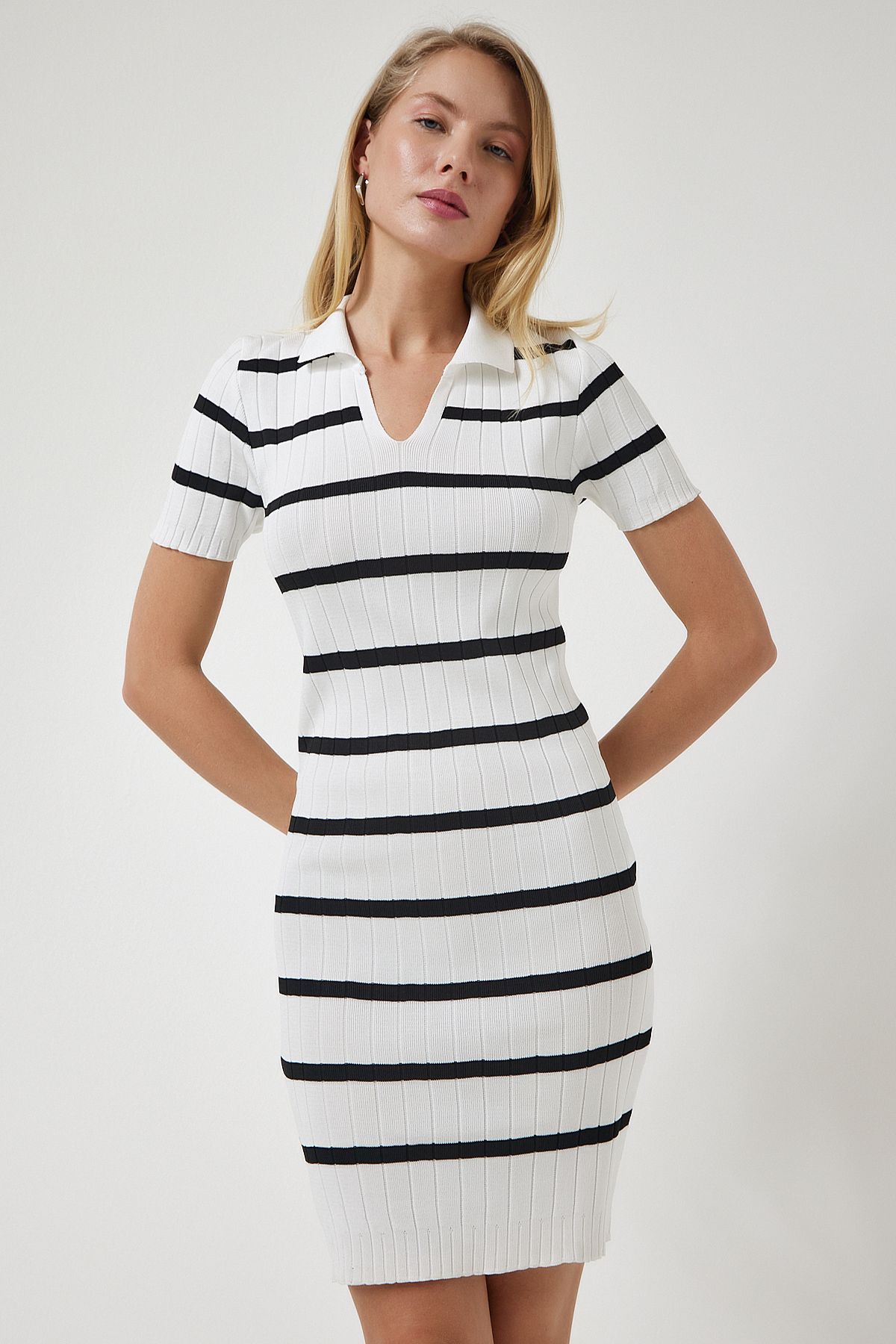 Woman White Polo Yaka Suman Triko Dress Ow00029
