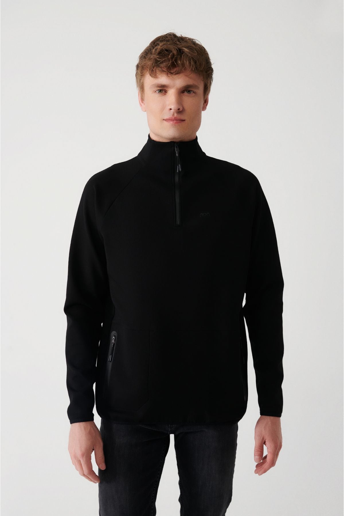 Men's black interlok fabric half -zipper upright collar sweatshirt A32y1201