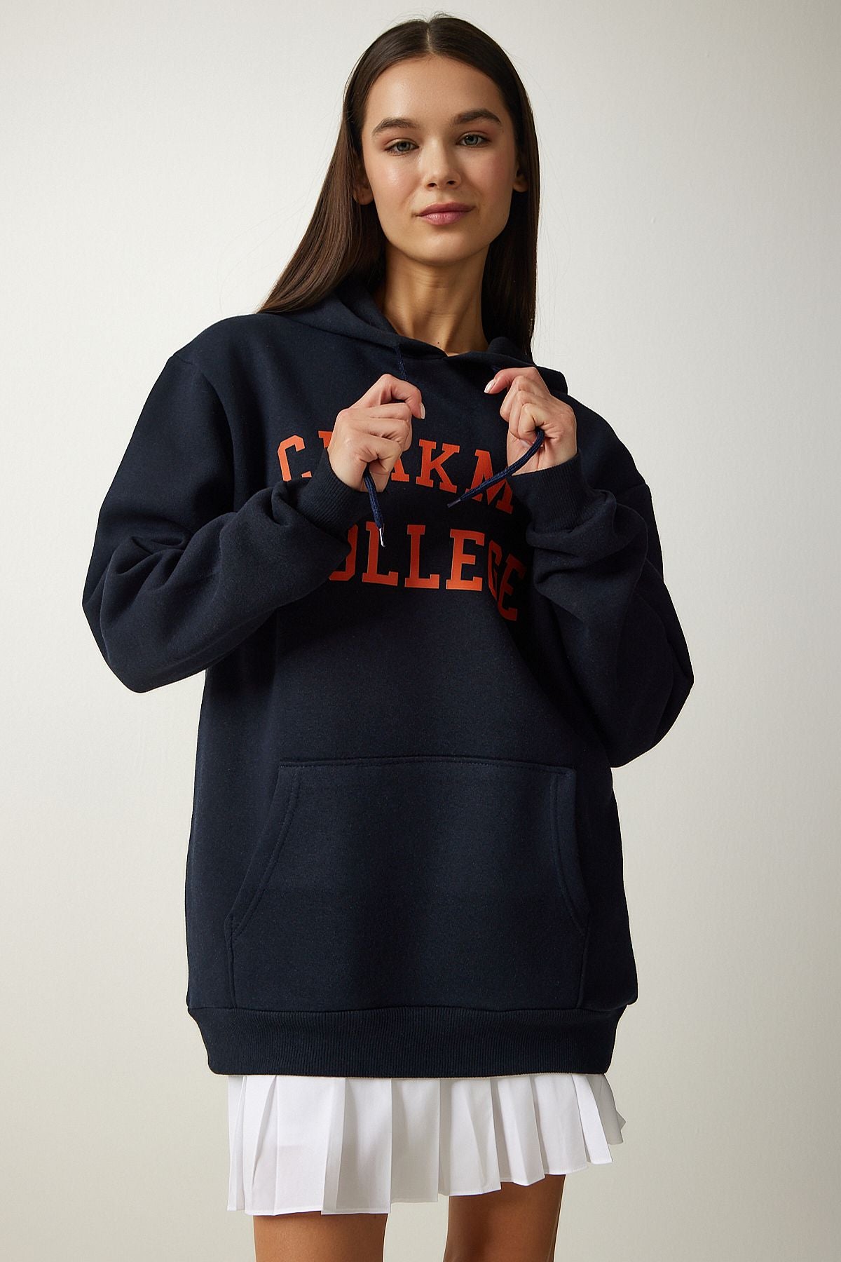 Woman Dark Navy blue printed hooded Sweatshirt OW00012