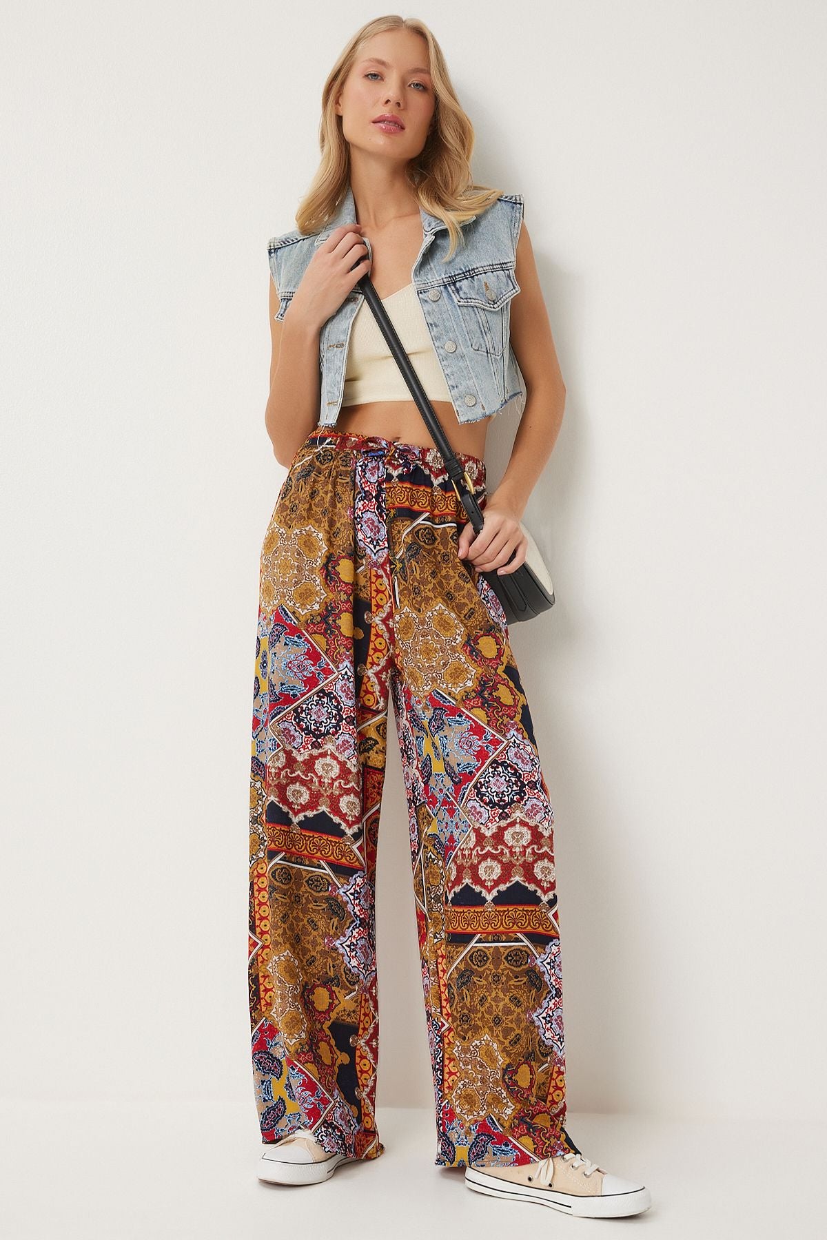 Female mustard tile pattern draped viscose palazzo pants EN00606