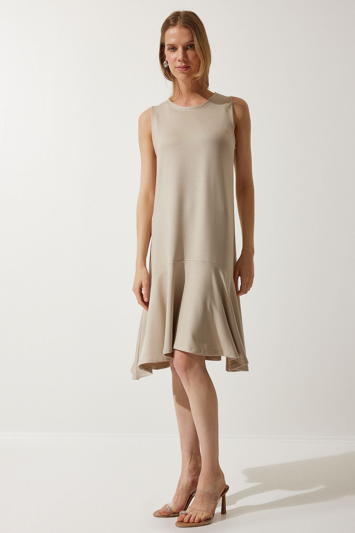 Female Beige Bike Neckling Flated Bell Dress BF00089
