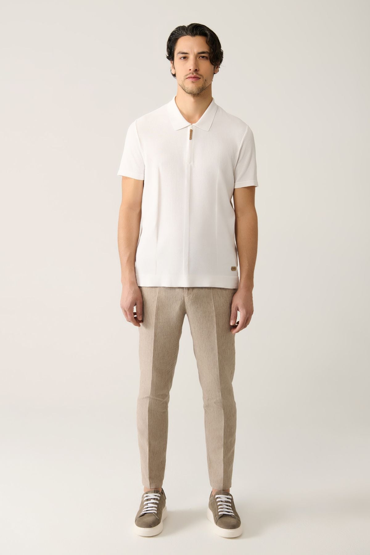 Men's White Zipper Rayon Polo Yaka Triko T-Shirt A41y5106
