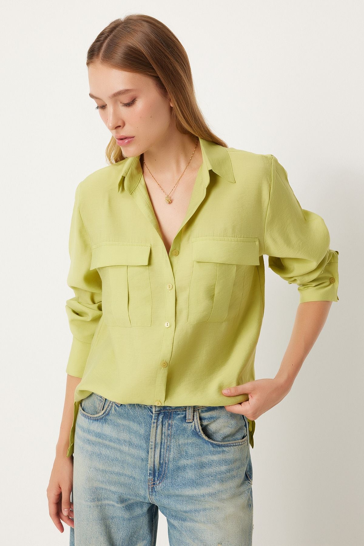 Women's Fat Green Wide Pocket Tensel Shirt FN03243