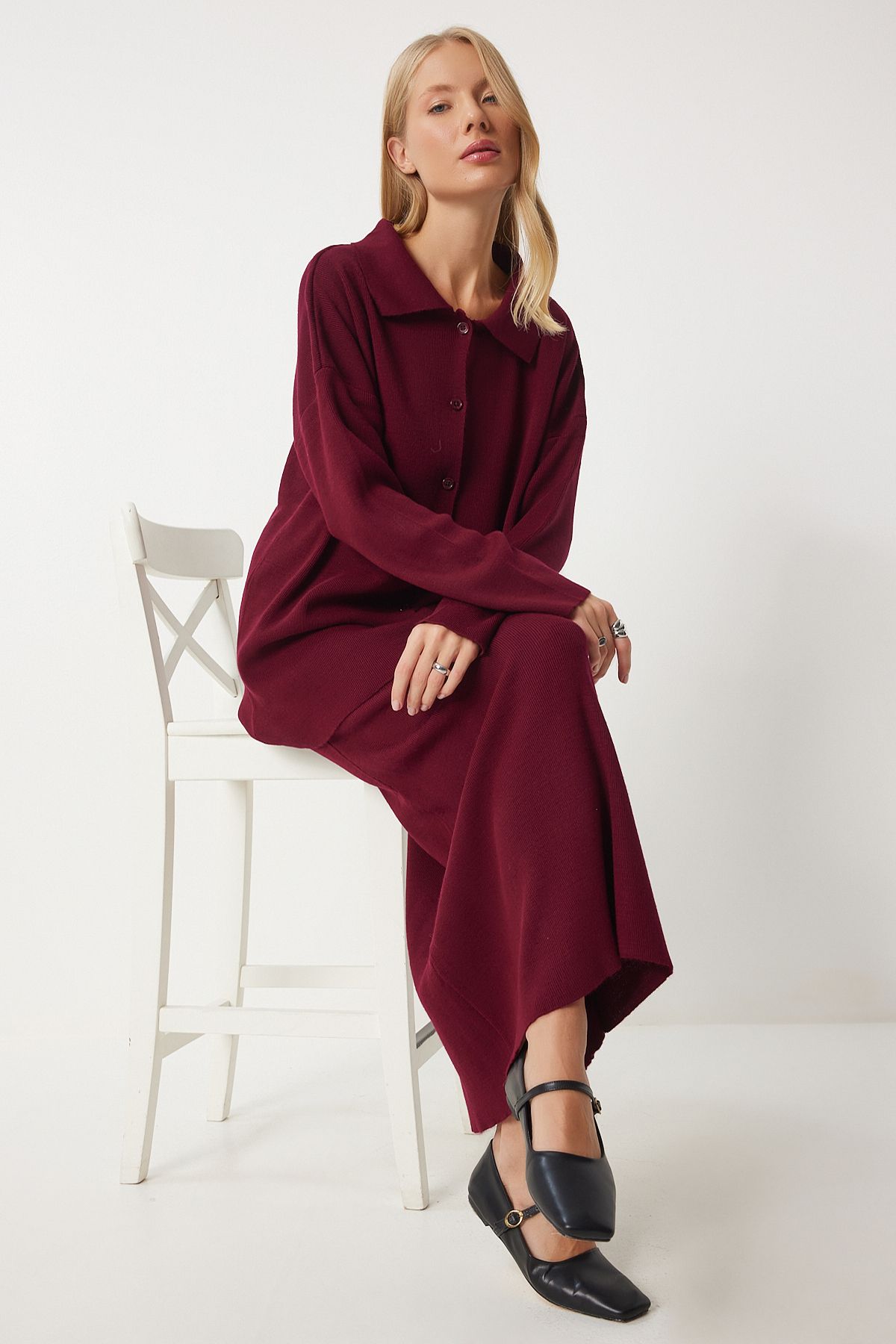 Female Bordeaux Polo Yaka knitwear cardigan skirt set PF00090