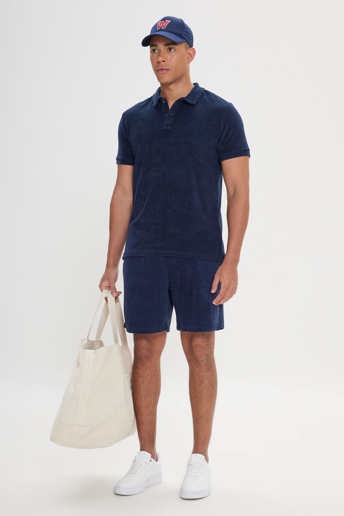 Men's navy blue standard fit normal cut towel shorts