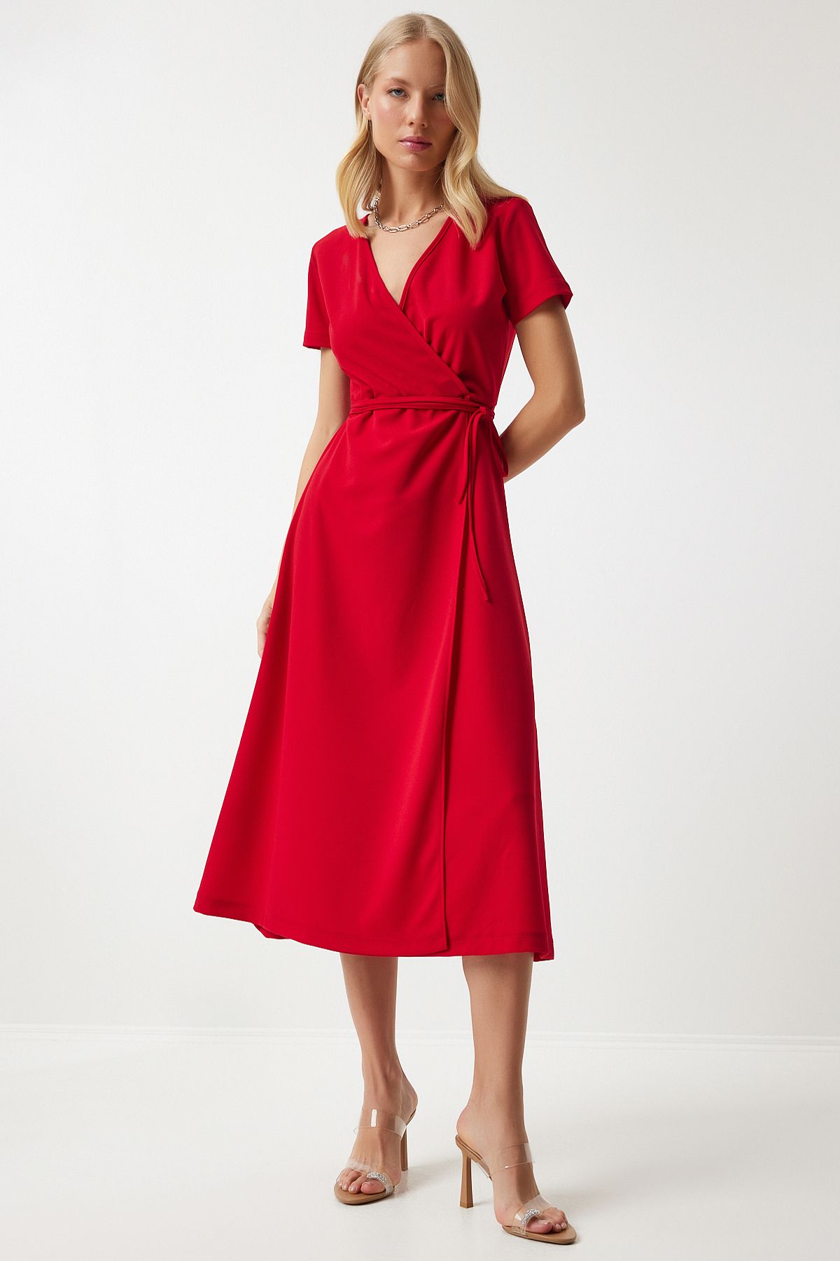 Woman Red V -Yaka Anvelop Midi Knitting Dress to00134