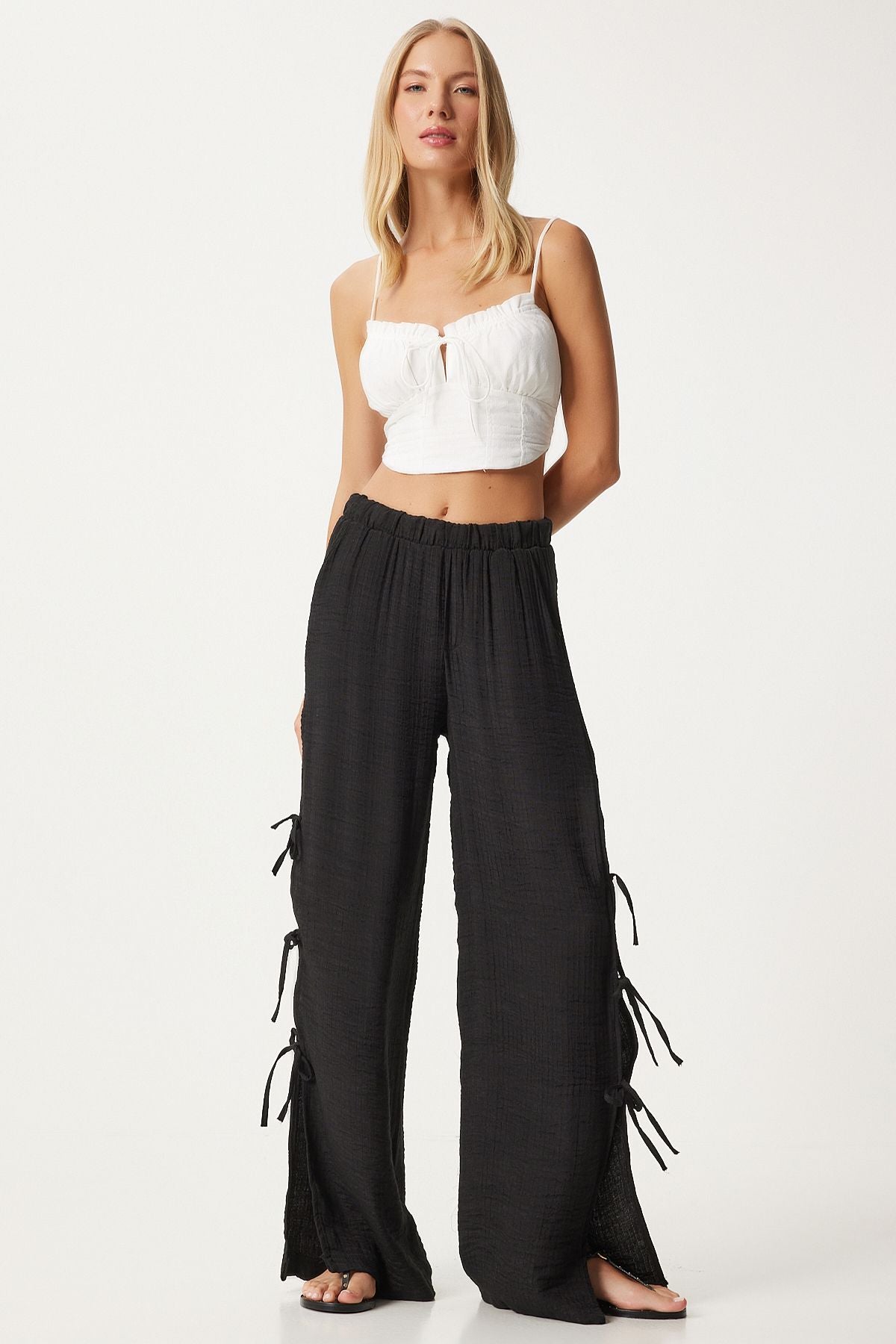 Female Black Bow Slit Flax Pants FN03298