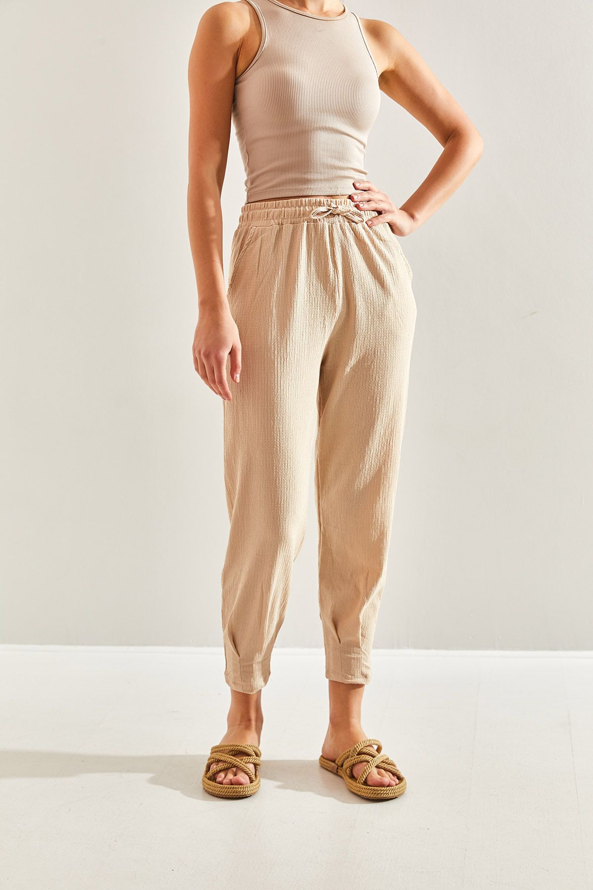 Women's waist rubber cowpea fabric pants 60171018