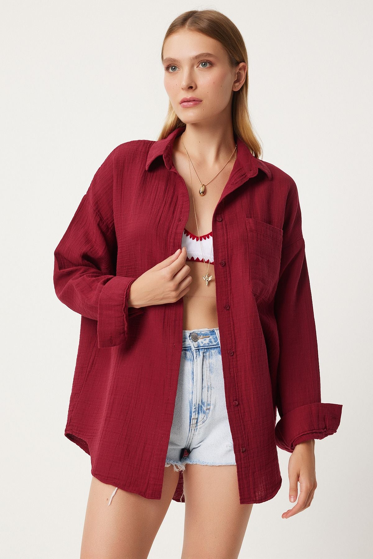 Woman Bordeaux Oversize Basic Muslin Shirt MX00150