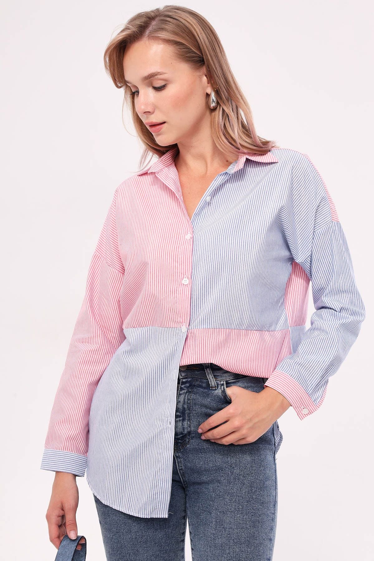 Women's Blue striped two-color long sleeve shabby shirt ARM-21K001193