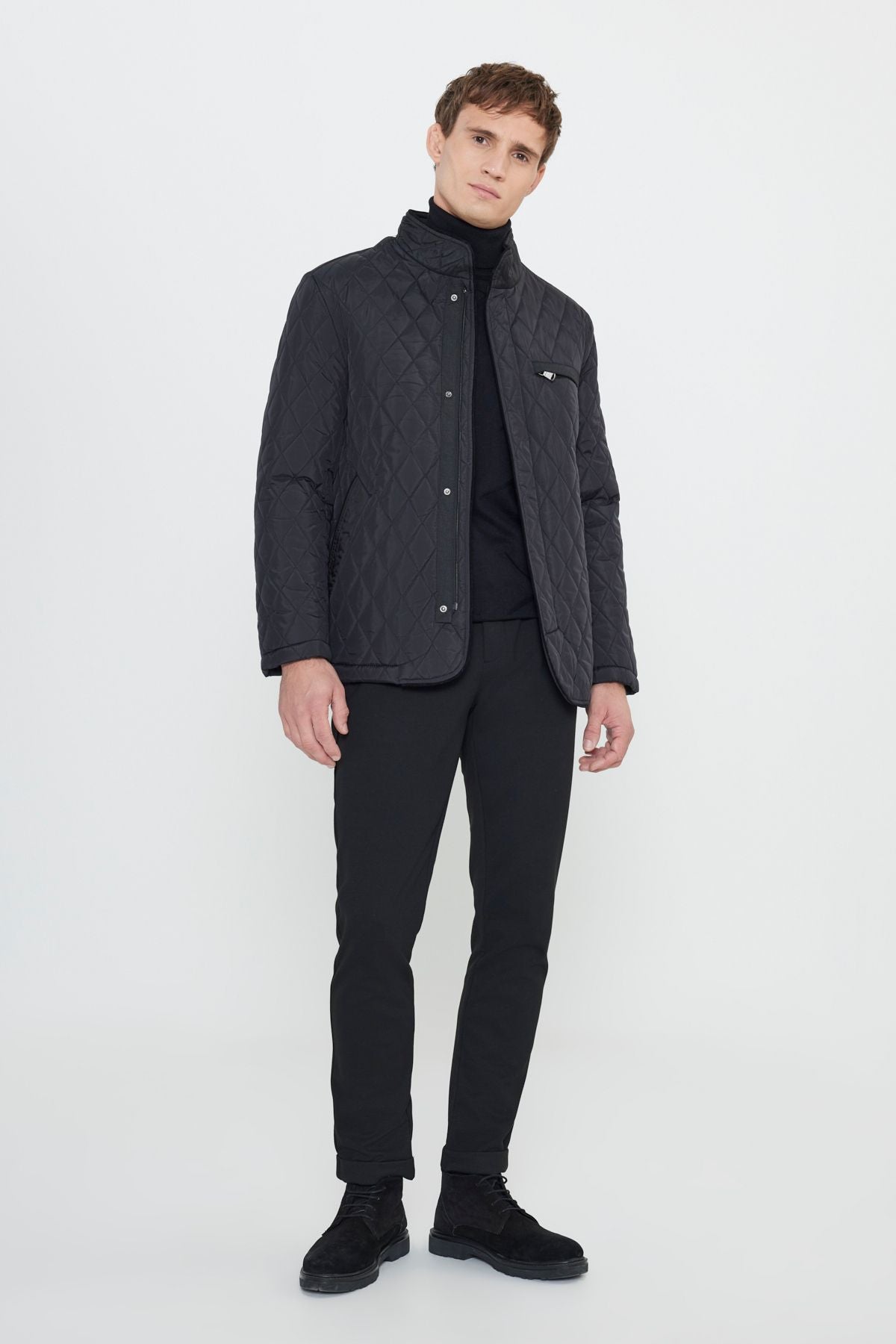 Men's black standard fit normal cut upright collar pattern overcoat