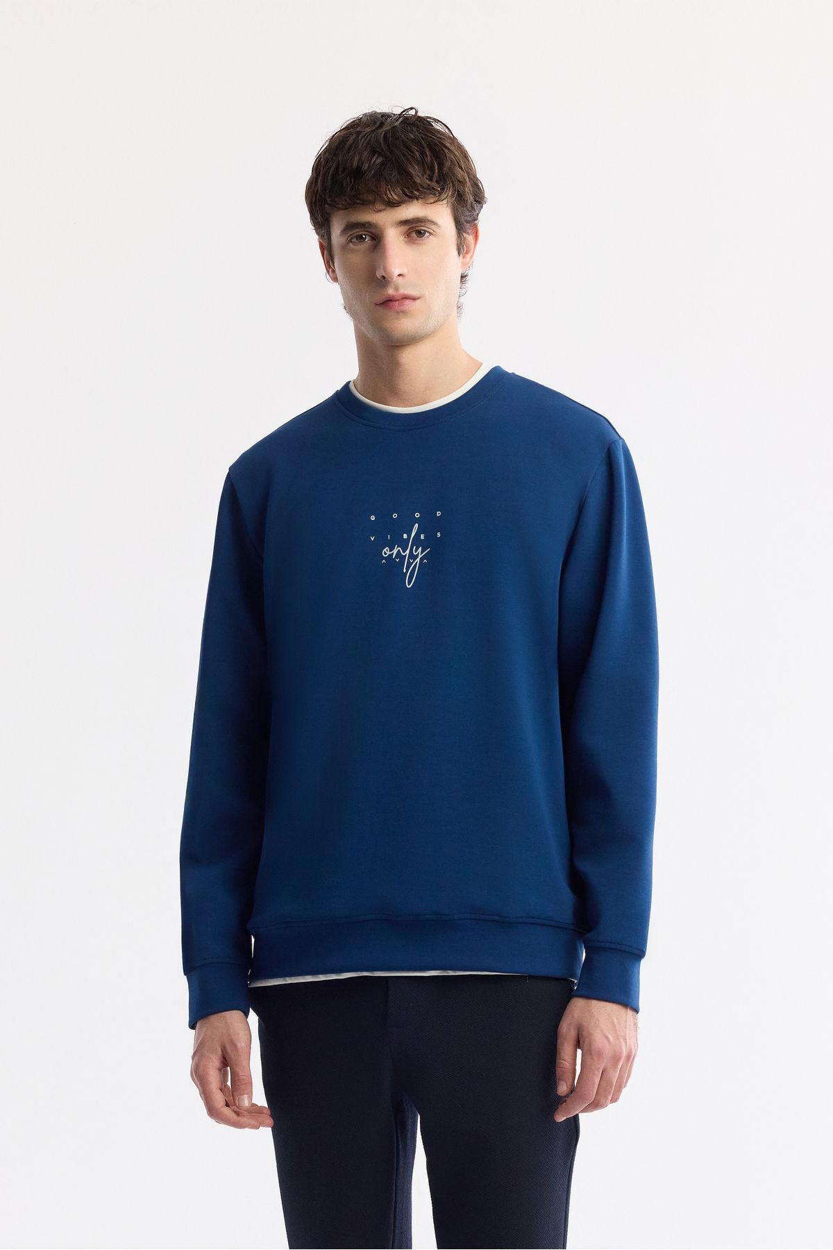 Men's navy blue bike collar printed interlok sweatshirt A51y1235